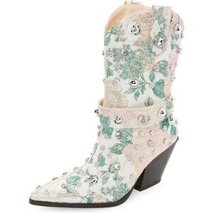Green Flower Embroidered Rhinestone Mid Calf Pointed Toe Chunky Heel Cowgirl